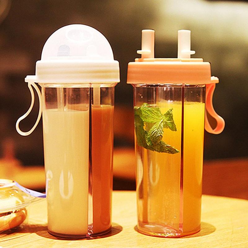 Portable Plastic Dual Straw Water Bottle – Leakproof Sports Bottle