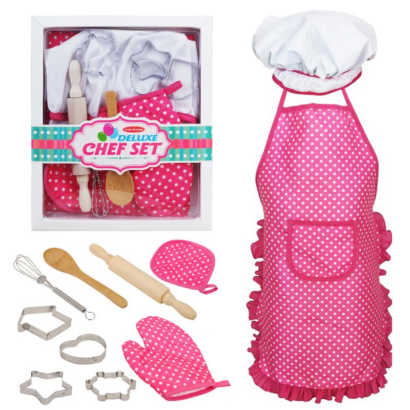 Kids cooking playset Children baking kit Pretend play kitchen set Chef costume for kids Cooking role play toys Kids baking accessories Toy kitchen utensils Pretend baking set, tablier de cuisine rose