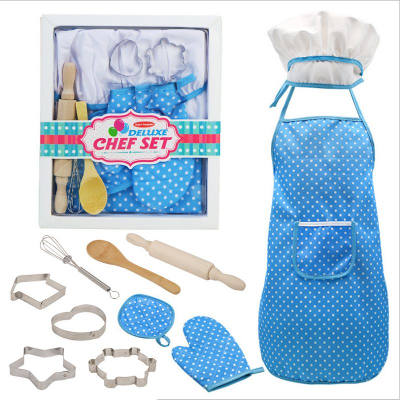 Kids cooking playset Children baking kit Pretend play kitchen set Chef costume for kids Cooking role play toys Kids baking accessories Toy kitchen utensils Pretend baking set, tablier de cuisine bleu,