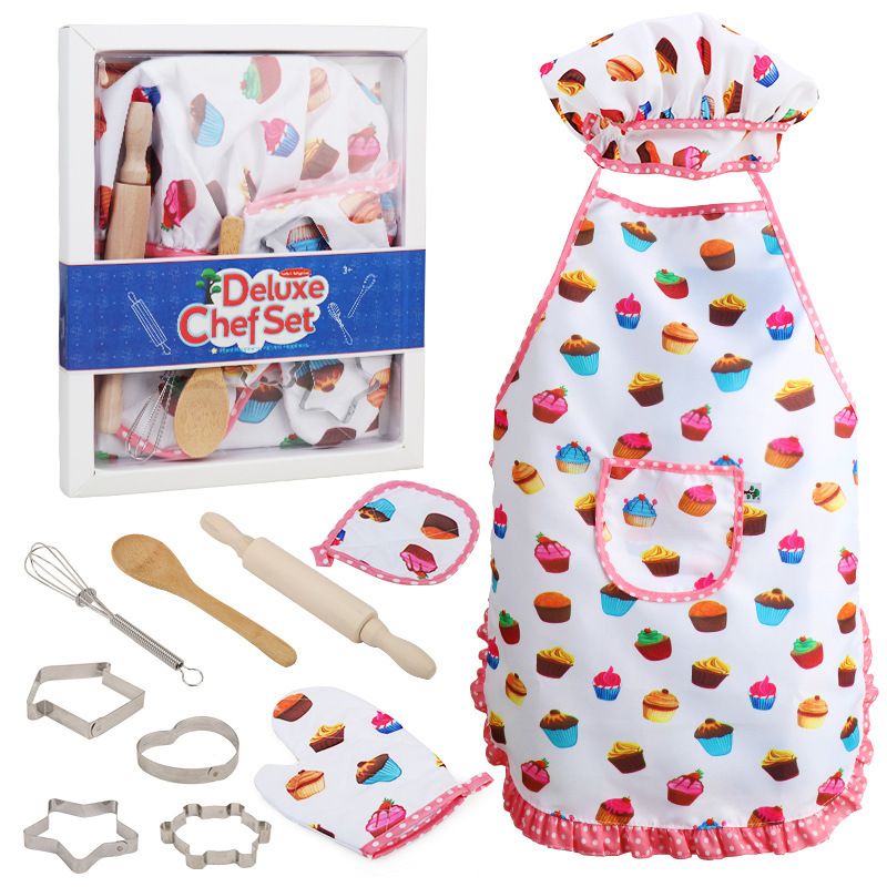 Kids cooking playset Children baking kit Pretend play kitchen set Chef costume for kids Cooking role play toys Kids baking accessories Toy kitchen utensils Pretend baking set